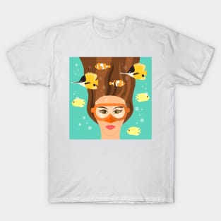 Brown hair girl snorkeling in tropical sea T-Shirt